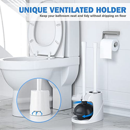 Toilet Plunger and Brush, Bowl Brush and Heavy Duty Toilet Plunger Set with Ventilated Holder, 2-in-1 Bathroom Cleaning Combo with Modern Caddy Stand for 5.7-inch Toilet Drain(White, 2 Set) - color: White