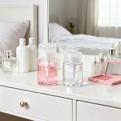 TUZAZO 3 Pack Push Down Pump Bottle Dispenser for Travel Makeup Remover, Facial Toner, Micellar Water, Alcohol, Nail Polish Remover Empty Push Top Bottles Containers 3.4oz/100ML - size: 3.4oz/100ml