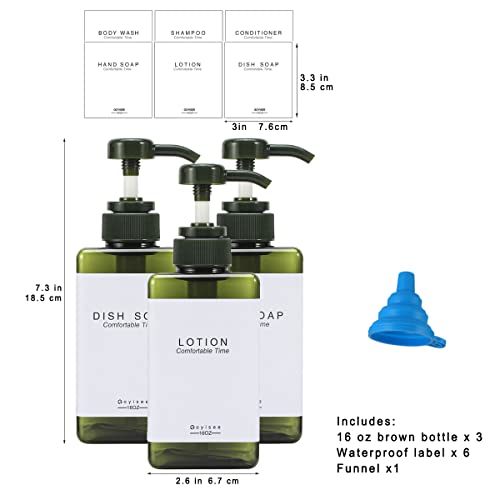 Plastic Refillable Hand Soap Dispenser Modern Square Pump Bottle for Bathroom Vanities or Kitchen Sink, Countertops - 3 Packs with Waterproof Label(Green) - color: 3 Bottles-green