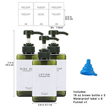 Plastic Refillable Hand Soap Dispenser Modern Square Pump Bottle for Bathroom Vanities or Kitchen Sink, Countertops - 3 Packs with Waterproof Label(Green) - color: 3 Bottles-green