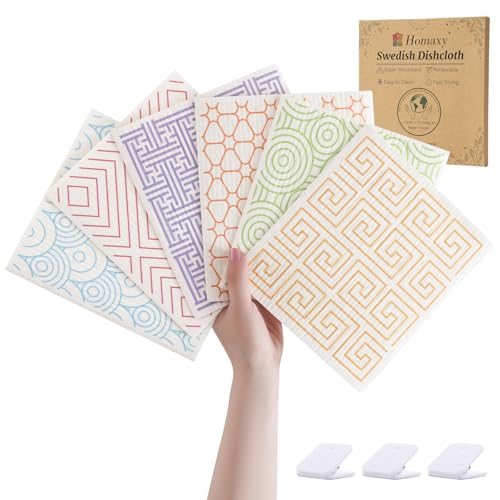Homaxy Swedish Dishcloths for Kitchen, 6 Pack Geometric Reusable Paper Towels with Clips, Absorbent Cellulose Sponge Dish Cloths for Washing Dishes, Non-Scratch & Odor-Free Dish Rags - color: Geometry, size: 6 PACK