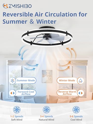 ZMISHIBO 24 Inch Ceiling Fans with Lights and Remote, Modern Low Profile Ceiling Fan, 3000-6000K Dimmable Flush Mount LED Fan Light, 6 Wind Speeds, Fandelier Ceiling Fans for Bedroom- Black - color: Black, size: 24 INCH