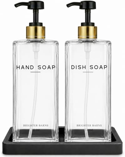Glass Hand and Dish Soap Dispenser Set by Brighter Barns - Kitchen Soap Dispenser Set with Tray & Pump - Refillable Glass Bottles for Sink - Neutral Kitchen Accessories for Airbnb, Restaurants (Clear) - color: Clear
