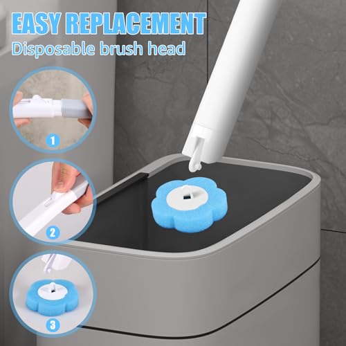 Toilet Cleaning Kit Wall Mounted Toilet Brush with 24 Refills Gray White Extended Handle Replacement Heads 360 Deep Cleaning Comfortable Grip for Bathroom - color: Handle+24 Refills