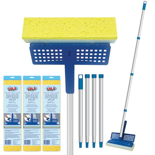 LOLA Squeeze Sponge Mop w/ Poly Foam & a Natural Cellulose Layer & 3 Replacement Heads / Refill Bundle, Absorbs & Wicks Moisture, Floor Cleaner - size: 1 Sponge Mop with 3 Replacement Heads