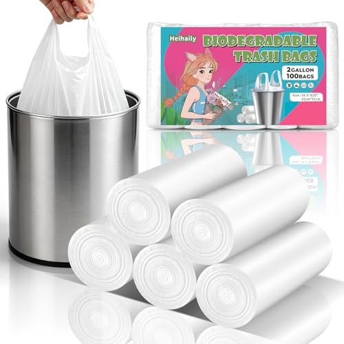 2 Gallon Small Trash Bags with-Handles - Bathroom Mini Garbage Bag White Unscented 100 Count 7.5 Liter Biodegradable Tiny Wastebasket Liners Office Kitchen Car Heihaily - style: Bio-2Gal-White100