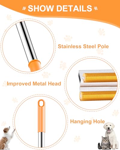 3 in 1 Carpet Rake for Pet Hair Removal Tool, 51” Adjustable Long Handle Pet Hair Removal Broom, Pet Grooming Brush, Cat Dog Hair Remover Carpet Scraper for Rugs, Mats - color: Orange-Silver