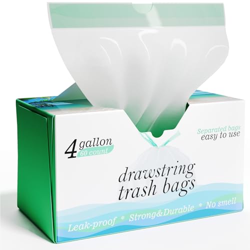 4 Gallon Drawstring Trash Bags - 0.5 Mil Strong - Small Garbage Bags - for Office Bathroom Kitchen - Individual, Unscented, White, 19" x 19", 60 Count - size: 1 Count (Pack of 60)