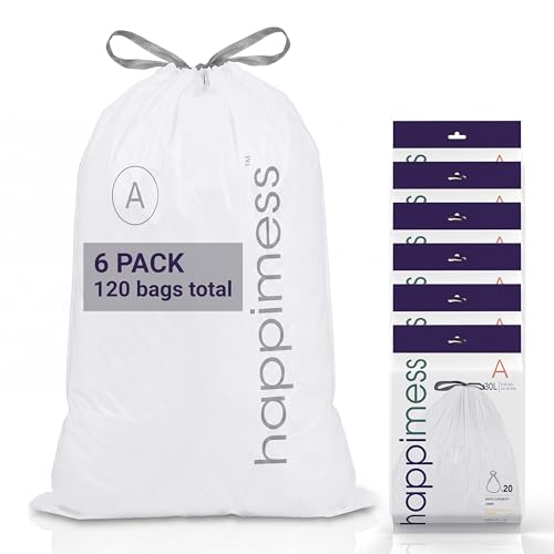 happimess 8 Gallon (30L) Drawstring Trash Bags, Unscented, White, Heavy Duty LDPE Liners for Kitchen and Household, Custom Fit 120 Count (6 Packs of 20 Liners) HPM3000A-W-6SET - color: White, size: 120 Count (Pack of 1)