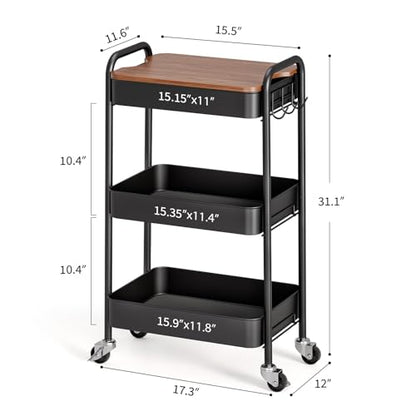 TOOLF 3-Tier Rolling Cart with Table Top, Metal Storage Cart on Wheels, Utility Organizer with Wooden Tray, Lockable Casters, Easy Assembly for Bathroom, Living Room, Office, Kitchen, Black - color: Black