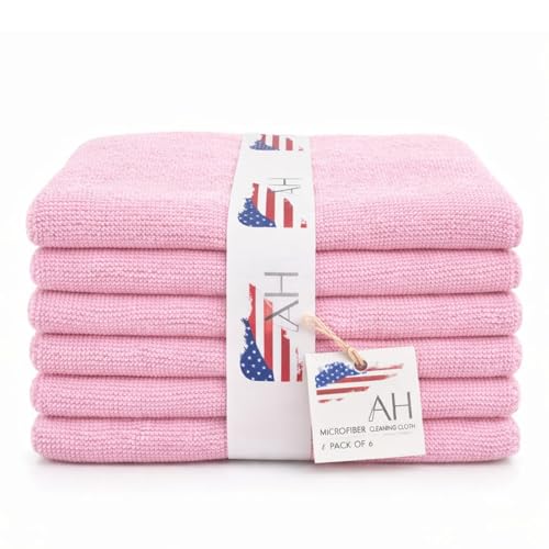 Ameri-Homes Premium Microfiber Cleaning Cloths 12 x 12 Inches, 400 GSM, Soft & Absorbent, Scratch-Free Lint-Free Cleaning Towels for Kitchen, Car, Glass & Home (Pack of 6) (Pink) - color: Pink
