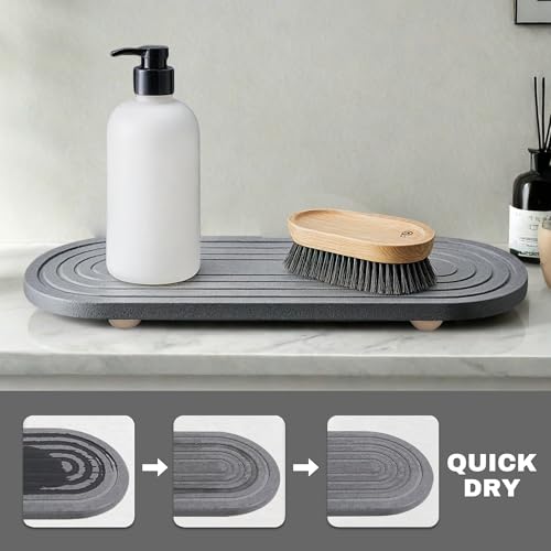 Instant Dry Sink Caddy Organizer, Fast Drying Sink Caddy, Water Absorbing Stone Sponge Holder for Kitchen and Bathroom Countertop with Natural Loofah and Wooden Feet - color: Dark Gray