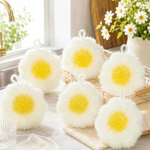 6 Piecs Fun Daisy Shape Dish Sponge Gifts Dual Sided Non Scratch Daisy Dish Washing Scrubbers, Reusable Household Cleaning Kitchen Tools for Dishwashing Washing Dishes Cookware Spring Kitchen Decor - style: Daisy
