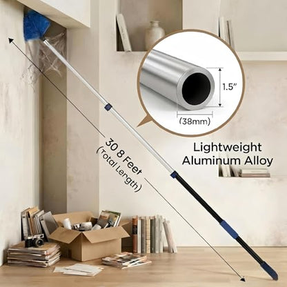 36ft High Ceiling Duster Kits with 5-30ft Heavy Duty Extension Pole - Fan Blade Cleaner, Cobweb Remover & Blue Window Squeegee Kit, Washable Dust Brush for High Roof and Glass Surfaces - size: 30FT