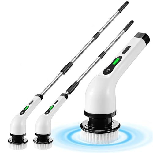 Electric Spin Scrubber, Cordless Cleaning Brush Waterproof with 9 Replaceable Brush Heads, 1.5H Power Dual Speed, Shower Scrubber with Extension Handle for Bathroom Tub Tile Floor Car