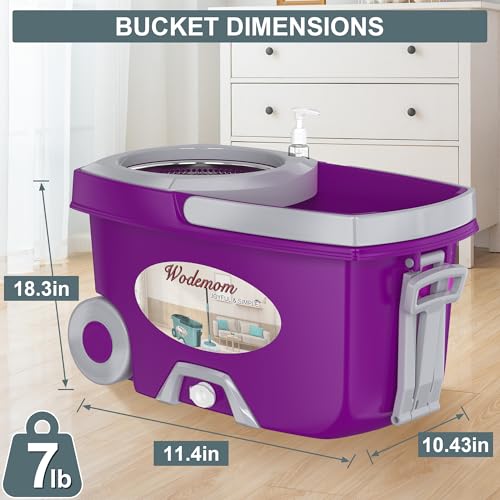 Dual Compartment Spin Mop and Bucket, Mop and Bucket with Wringer Set,360°Rotating Spinning Mopping for Floor Cleaning with 6 Microfiber Replacement Heads, 61" Extended Handle, 2X Wheel - size: Purple Mop Bucket + 6 Mop Heads