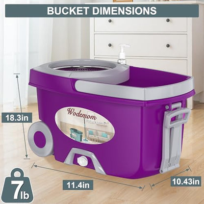 Dual Compartment Spin Mop and Bucket, Mop and Bucket with Wringer Set,360°Rotating Spinning Mopping for Floor Cleaning with 6 Microfiber Replacement Heads, 61" Extended Handle, 2X Wheel - size: Purple Mop Bucket + 6 Mop Heads