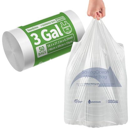 Small Trash Bags with Handles - Ocean Plastic Upcycling - Plastic Garbage Bags, Can Bin & Waste Basket Liner for Kitchen, Bathroom, Office and Pets,3 Gallon 50 Count White - color: 3Gal White, size: 1 ROLL