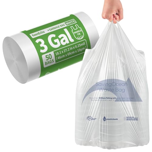 Small Trash Bags with Handles - Ocean Plastic Upcycling - Plastic Garbage Bags, Can Bin & Waste Basket Liner for Kitchen, Bathroom, Office and Pets,3 Gallon 50 Count White - color: 3Gal White, size: 1 ROLL