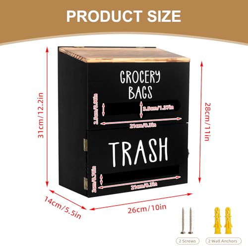 2 in 1 Trash Bag Dispenser, Double Wall Mounted,Wood Trash Bag Holder, used in kitchen, garage, laundry room, can store Environmentally friendly food bags and garbage bags (Black) - color: Black/Large(10inch*5.5inch*12.2inch)