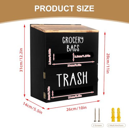 2 in 1 Trash Bag Dispenser, Double Wall Mounted,Wood Trash Bag Holder, used in kitchen, garage, laundry room, can store Environmentally friendly food bags and garbage bags (Black) - color: Black/Large(10inch*5.5inch*12.2inch)