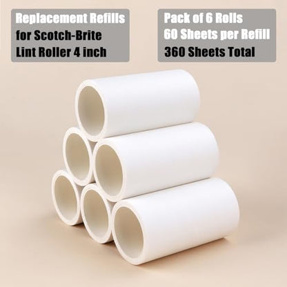 4 inch Lint Roller Refills for Scotch Brite Lint Roller Replacement Refills for Pet Hair Extra Sticky Everyday Clean Lint Remover Refills 6 Pack 60 Sheets per Roll Total 360 Sheets - size: 4 inch (1.75'' Inside Dia.)