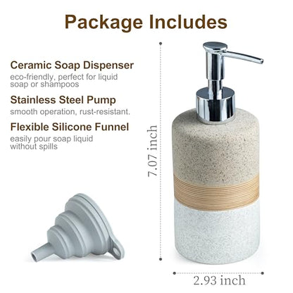 Ceramic Dish Soap Dispenser Set with Silicone Funnel, Hand Soap, Shampoo, Body Wash, Lotion Dispenser for Kitchen and Bathroom, Stainless Steel Pump, Non Slip, 12 Oz - color: Beige and White, size: 1xSoap Dispenser