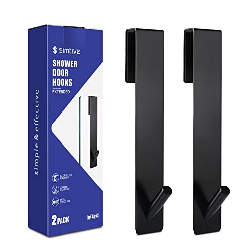 Simtive Extended Shower Door Hooks (7-Inch), Over Door Hooks for Bathroom Frameless Glass Shower Door, Towel Hooks, 2-Pack, Black - color: Black, size: 7 In-2 Pack