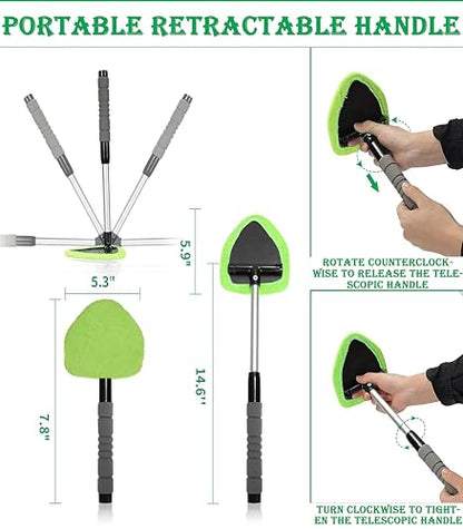 Car Windshield Cleaner Tool with Reusable Microfiber Pads Extendable Handle (1, Green) - color: Green