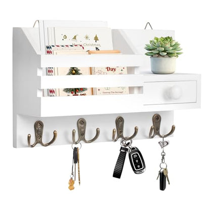 Key Holder Wall Mount, Wooden Adhesive Mail and Key Organizer with Drawer, Small Shelf, 8 Hooks, 2 Installation Methods, White - color: White