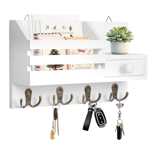 Key Holder Wall Mount, Wooden Adhesive Mail and Key Organizer with Drawer, Small Shelf, 8 Hooks, 2 Installation Methods, White - color: White