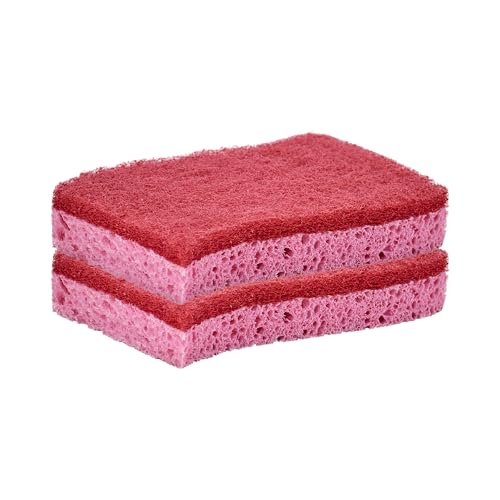 Non-Scratch Cellulose Sponge Kitchen Scrub Sponge with Scouring Pad Set, Good for Non-Stick Cookware Frying Pan, Pot, Counter Top, Sink Scrubbing, Kitchen Scrubbers, Pack of 2, (Red/Pink) - color: Red, size: 2-pack