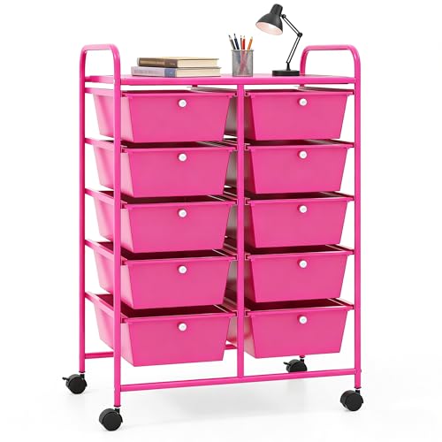 COSTWAY 10 Drawer Rolling Storage Cart, Mobile Utility Cart with Metal Frame & Lockable Wheels, Art Supply Craft Organizer, Multipurpose Drawer Cart for Paper for Office, School, Hot Pink - color: Hot Pink, size: 10 Drawer