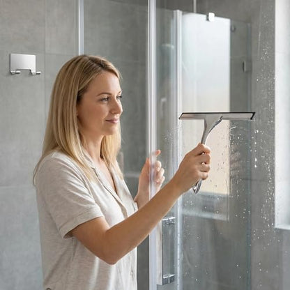 All-Purpose Stainless Steel Shower Squeegee - Shower Glass Door with Adhesive Hooks, Bathroom Cleaner Tool Household Window Mirror Squeegee, Cleaning Tile Wall, Car, 10 Inch Silver