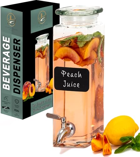 Square Glass Drink Dispenser for Parties - Stainless Steel Spigot + Marker & Label - 100% Leakproof Beverage Dispenser - Liquid Laundry Detergent Dispenser, Water Dispenser, Decorative Pitchers 80oz.