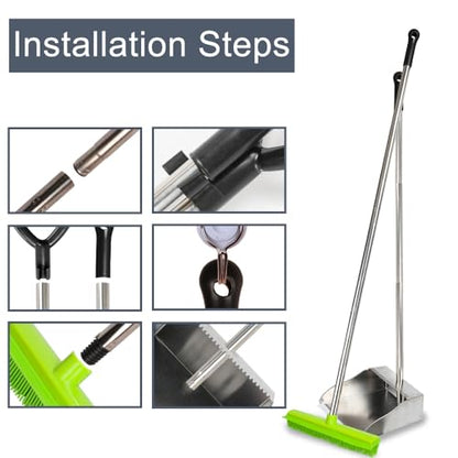 Rubber Broom and Dustpan Set,Pet Hair Removal Rubber Broom with Squeegee and Stainless Steel Dust Pan,Carpet Rake Push Broom and Dustpan for Fluff Hardwood Floor Tile (Green) - color: Green