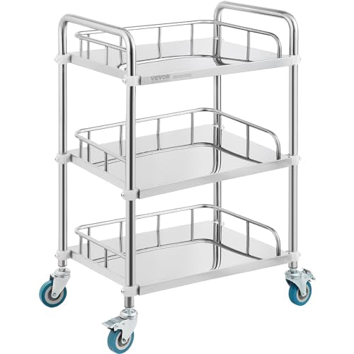 VEVOR Lab Rolling Cart, 3-Shelf Stainless Steel Rolling Cart, Lab Serving Cart with Swivel Casters, Dental Utility Cart for Clinic, Lab, Hospital, Salon, 26.38"x15.55"x34.13" - size: 3-tier shelves