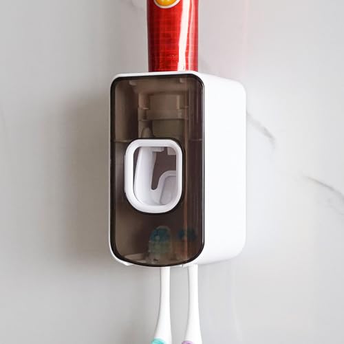 2 Slot Toothbrush Holder and Toothpaste Dispenser Wall Mounted, Automatic Toothpaste Squeezer, 2 in 1 Tooth Brush Toothpaste Organizer for Shower (Grey) - color: Grey, size: 1
