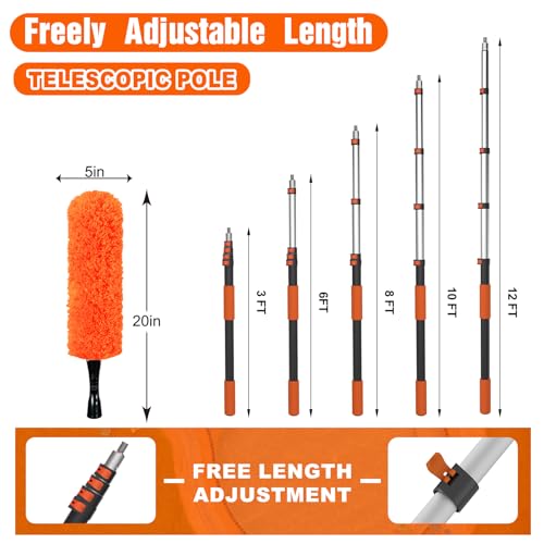 SISUPASSIE 20FT Reach High Ceiling Duster Kit, Window Cleaning kit with 3-12FT Extension Pole, Fan Duster for Ceiling Fan Blades, Microfiber Feather Duster, Window Squeegee, Bucket and Cobweb Duster - size: 12FT