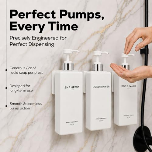 Luxury Shampoo and Conditioner Dispenser Set Wall Mounted by Brighter Barns - Shower Bottles 3 Chamber No Drill - Refillable Shampoo Dispenser for Shower Wall, Vacation Home, Spa, Hotel (White/Silver) - color: White/Silver