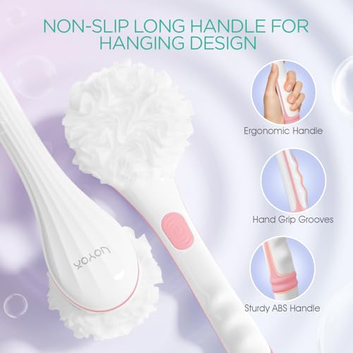 VOYOR Electric Body Brush Back Scrubber for Shower Rechargeable Exfoliating Bath Brush Powered Shower Brush with Non-Slip Long Handle Deep Cleansing, Exfoliation, Massaging Spin Brush BC100 (Pink) - color: Pink