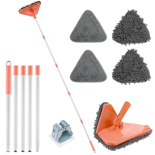 Wall Cleaner Triangle Mop with 82'' Long Handle - Wall Scrubber, Cleaning Washer Tool with 4 Microfiber Chenille Duster Pads for Clean Walls, Ceiling, Windows, Baseboards, Floors (Orange, 4 Pads) - color: Orange, size: 4 Pads