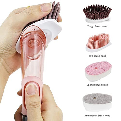 Dish Cleaning Brush, Soap Dispensing Dish Brush Set with 4 Replacement Heads and Storage Holder, Kitchen Scrub Brush for Dish Pot Pan Sink Cleaning (Pink) - color: Pink