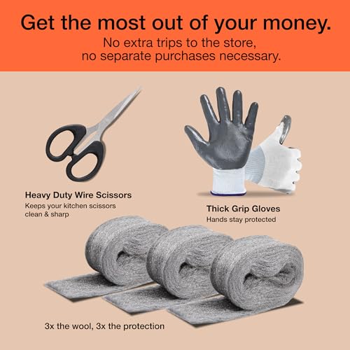 Steel Wool Mice Control 3-pc, Mouse Hole Filler, Scissors & Gloves, MaPorch | 22.5ft Total - Sharp, Strong & Expanding - Fits All Gaps - Immediate Install - Block Rats, Rodents, Bugs & Squirrels - size: 3-Pack