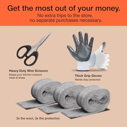 Steel Wool Mice Control 3-pc, Mouse Hole Filler, Scissors & Gloves, MaPorch | 22.5ft Total - Sharp, Strong & Expanding - Fits All Gaps - Immediate Install - Block Rats, Rodents, Bugs & Squirrels - size: 3-Pack