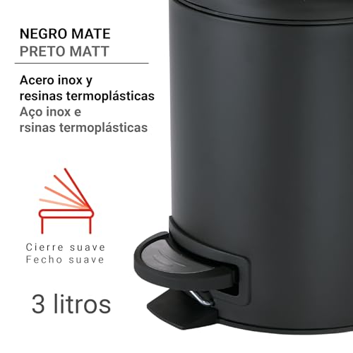 Gedy Bin, Metal Thermoplastic resins, Dull Black, 3 Litros - color: Dull Black, size: 3 Litros