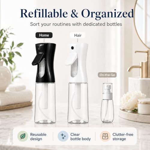 3 Pack Spray Bottles, Continuous Mist Sprayer, Water Spray Bottle for Hair, Hair Mister, 200ml x2 + 30ml Refillable Fine Mist Set - for Styling, Plants, Cleaning & Home Use (Black & White) - color: Black+White