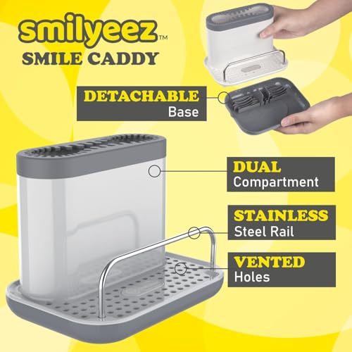 The Original Smiling Sponge Handle Soap Dispensing Handle by Smilyeez for the Smiling Sponge with Smilyeez Caddy & Dishwand with 2 Scrub Brushes (Light Blue) - style: Light Blue With Brush Dishwand