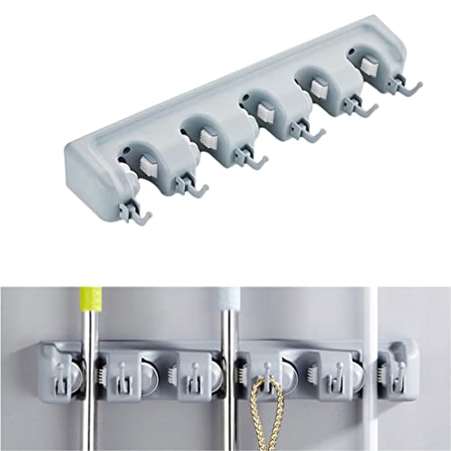 LIFKOME Waterproof Wall Broom Holder Sturdy Mop Brush Hanger Non-slip Design 5 Positions 6 Hooks for Home Use - color: Light Grey