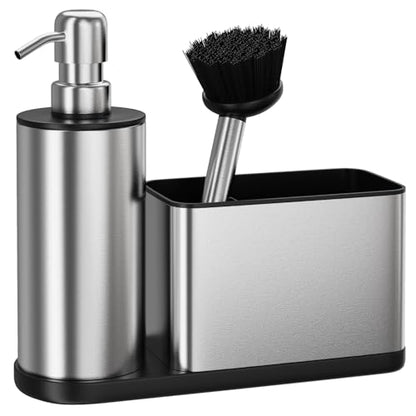 ODesign Kitchen Soap Dispenser Set - 3 in 1, Stainless Steel Dish Soap Dispenser with Sponge Holder, Dish Brush & Brush Holder, Kitchen Sink Caddy Organizer for Countertop - Rustproof, Non-Slip